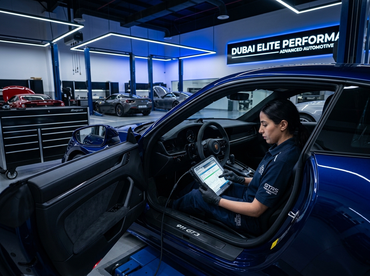 Computer diagnostics being run on a luxury car