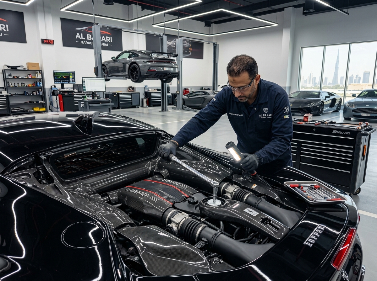 Technician performing engine repair on a performance vehicle