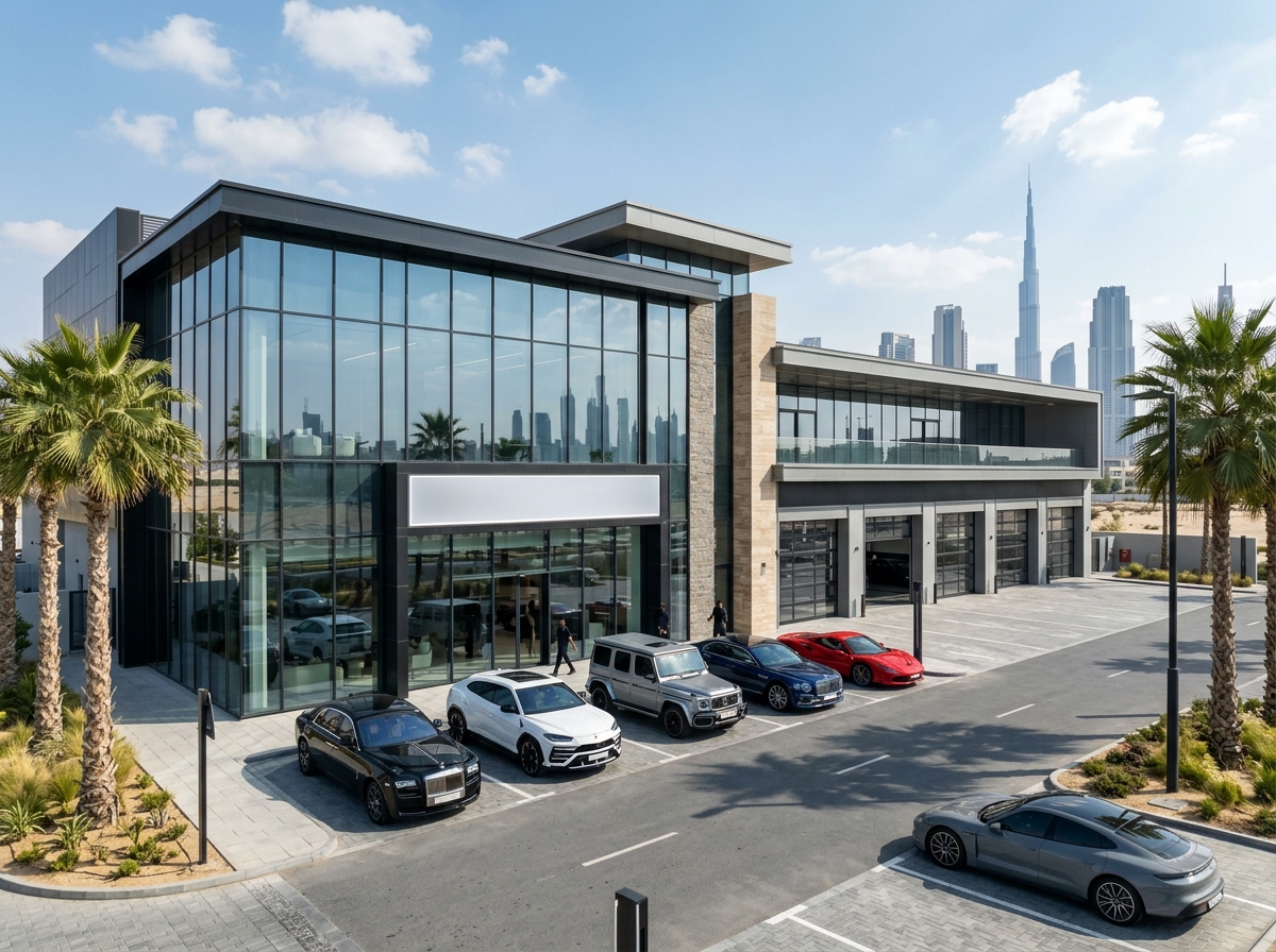 Exterior of the Prime Auto Care garage in Al Quoz, Dubai
