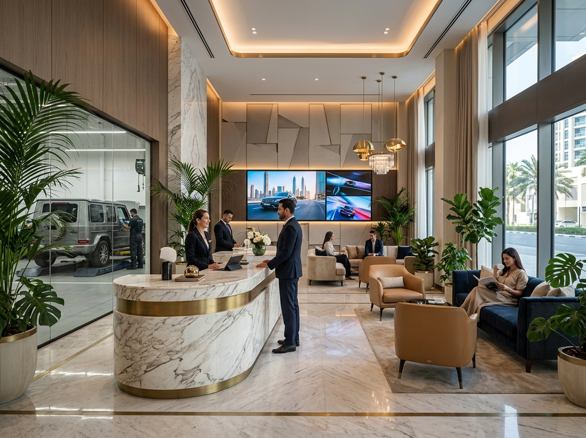 The reception lounge at Prime Auto Care garage in Dubai