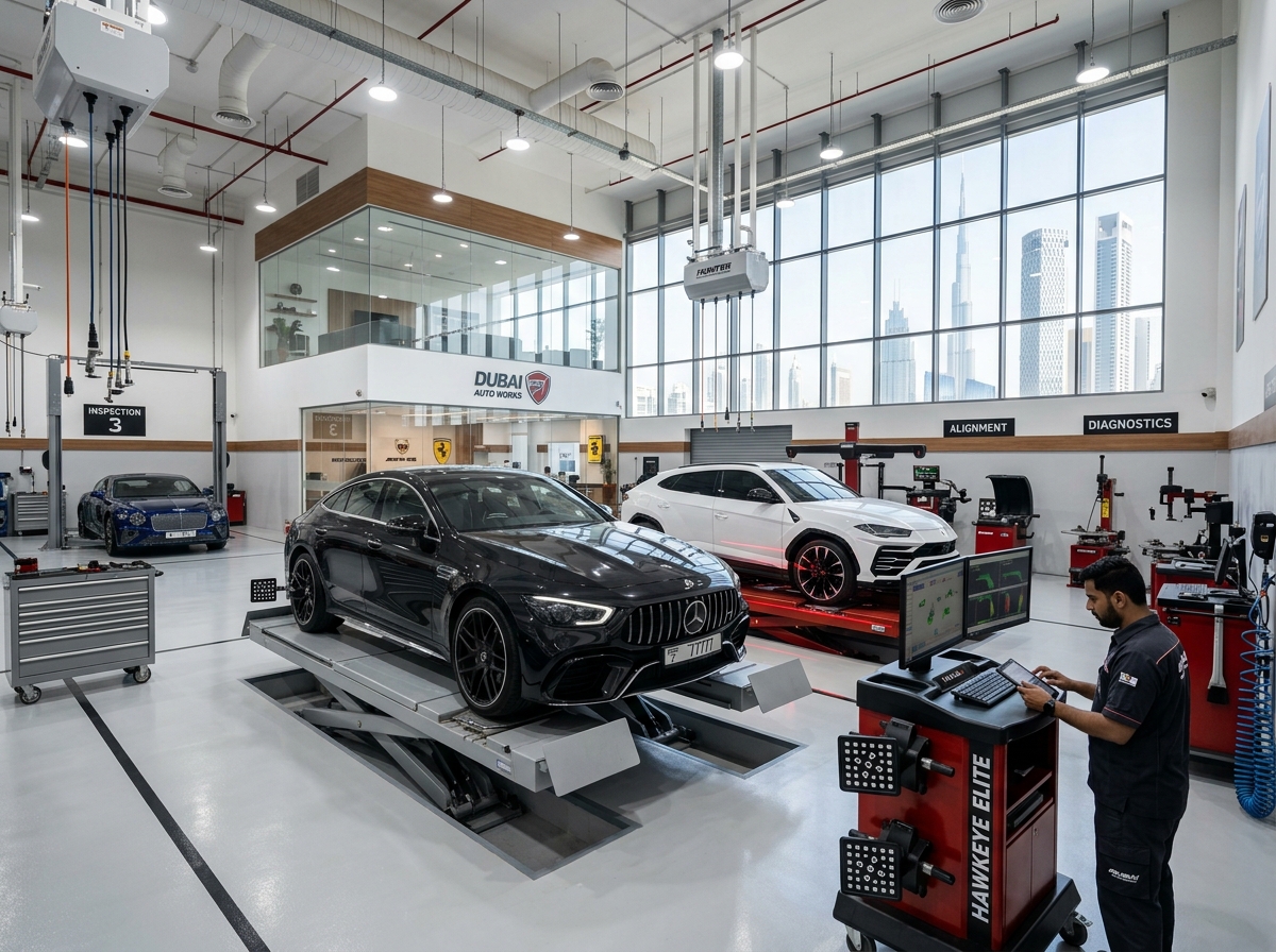Vehicle on a lift in the inspection bay
