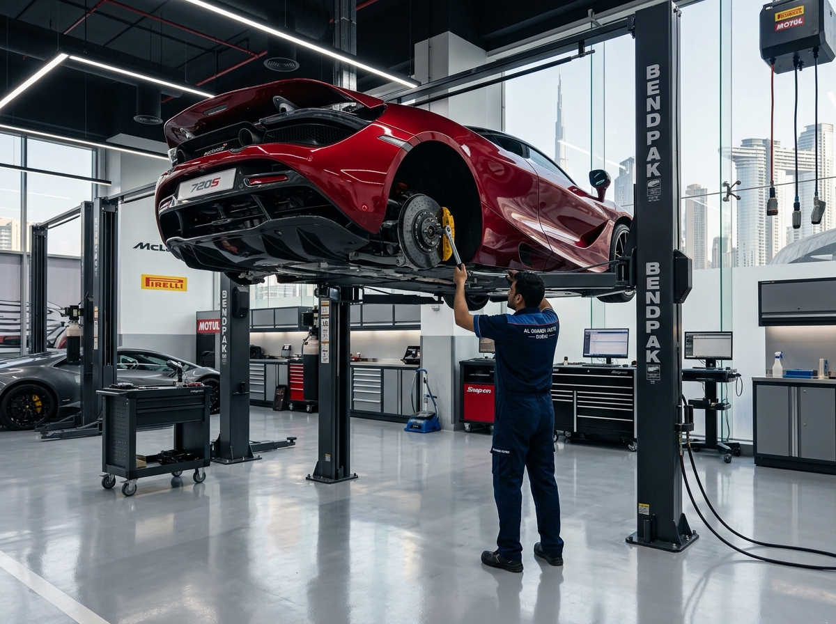 Luxury car raised on a service lift at Prime Auto Care