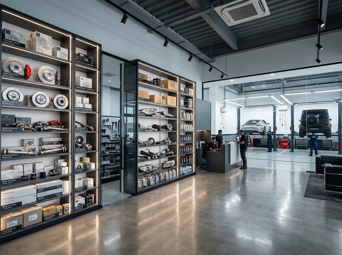 Organised shelves of genuine spare parts