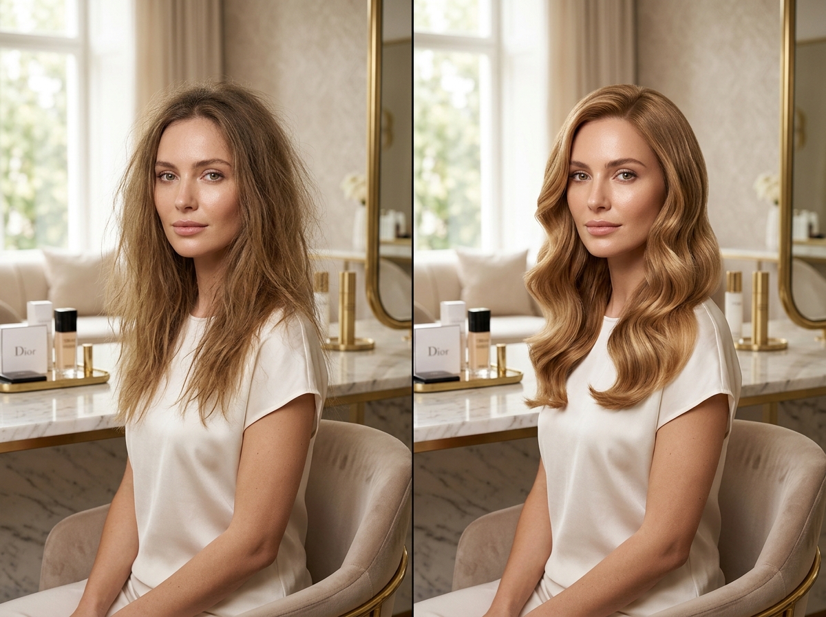 Before and after hair color transformation at Glow Beauty Salon