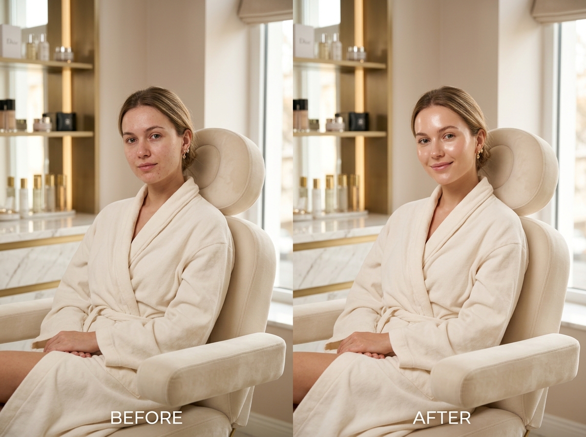 Before and after skin treatment result at Glow Beauty Salon