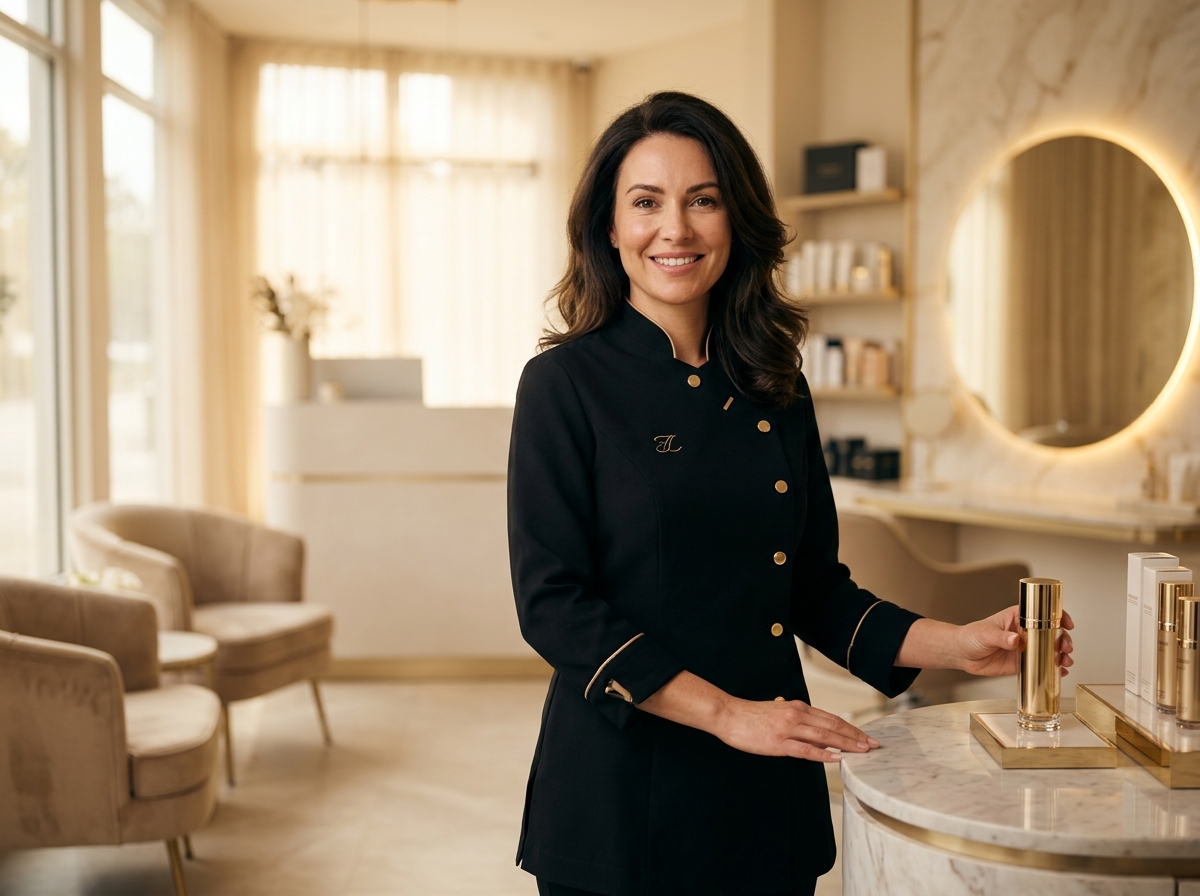 Founder of Glow Beauty Salon standing in the softly lit salon interior