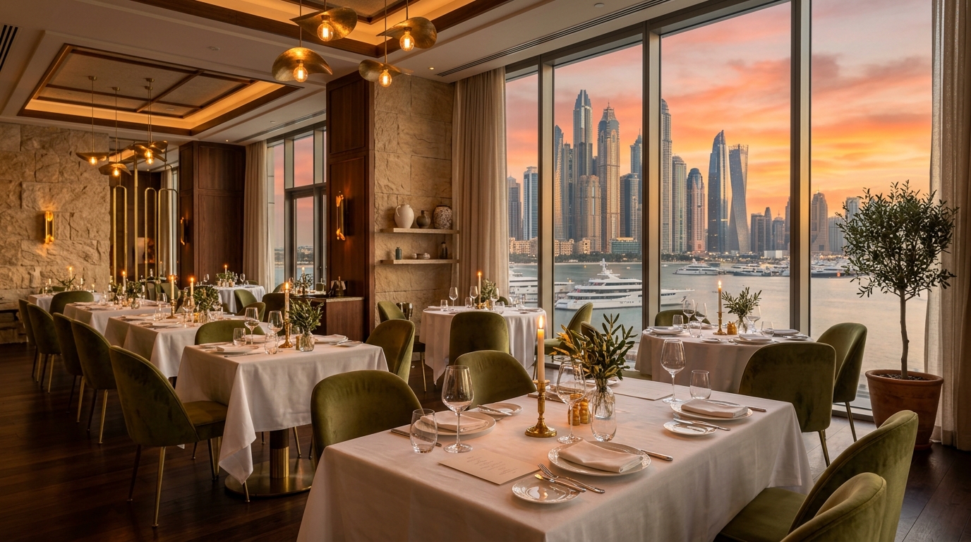 Candlelit fine-dining room at The Olive Table with linen-draped tables, warm gold lighting, and a panoramic view of the Dubai skyline at dusk