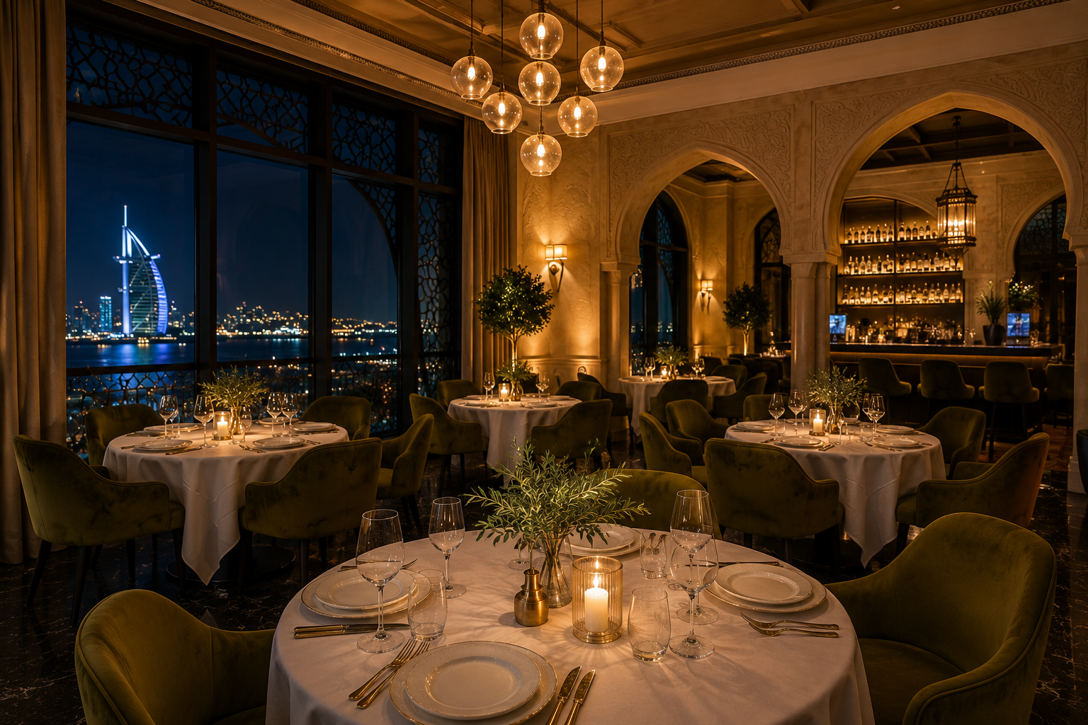 Main dining room with warm pendant lighting and olive-green velvet seating