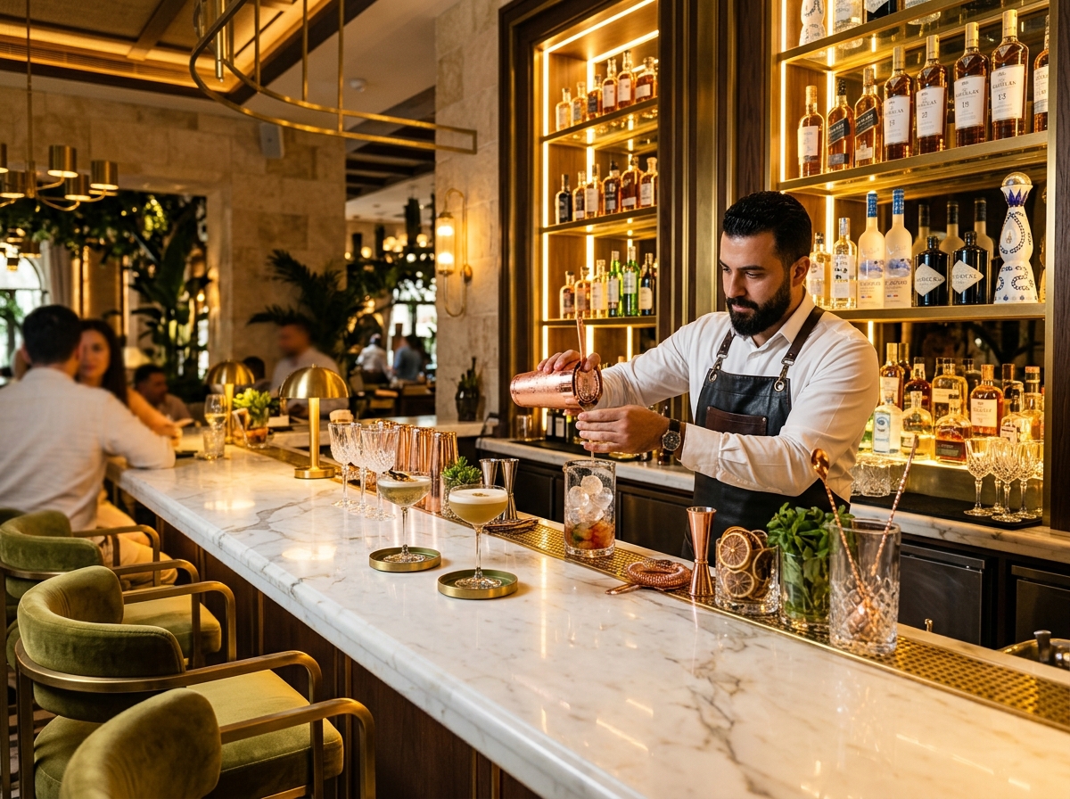 Marble bar with backlit shelving and a mixologist preparing a signature cocktail