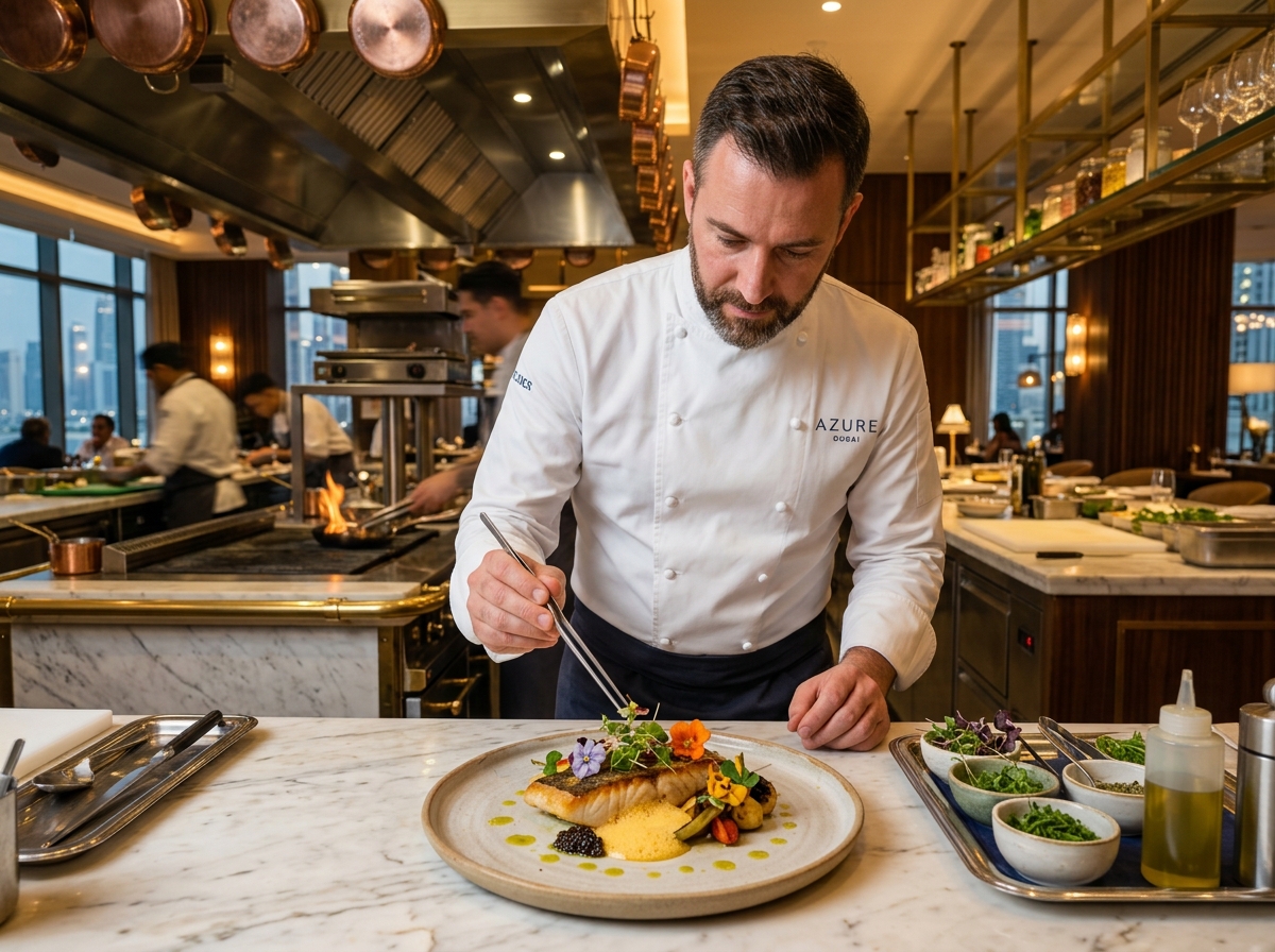 Head chef plating a dish with olive oil at The Olive Table's open kitchen