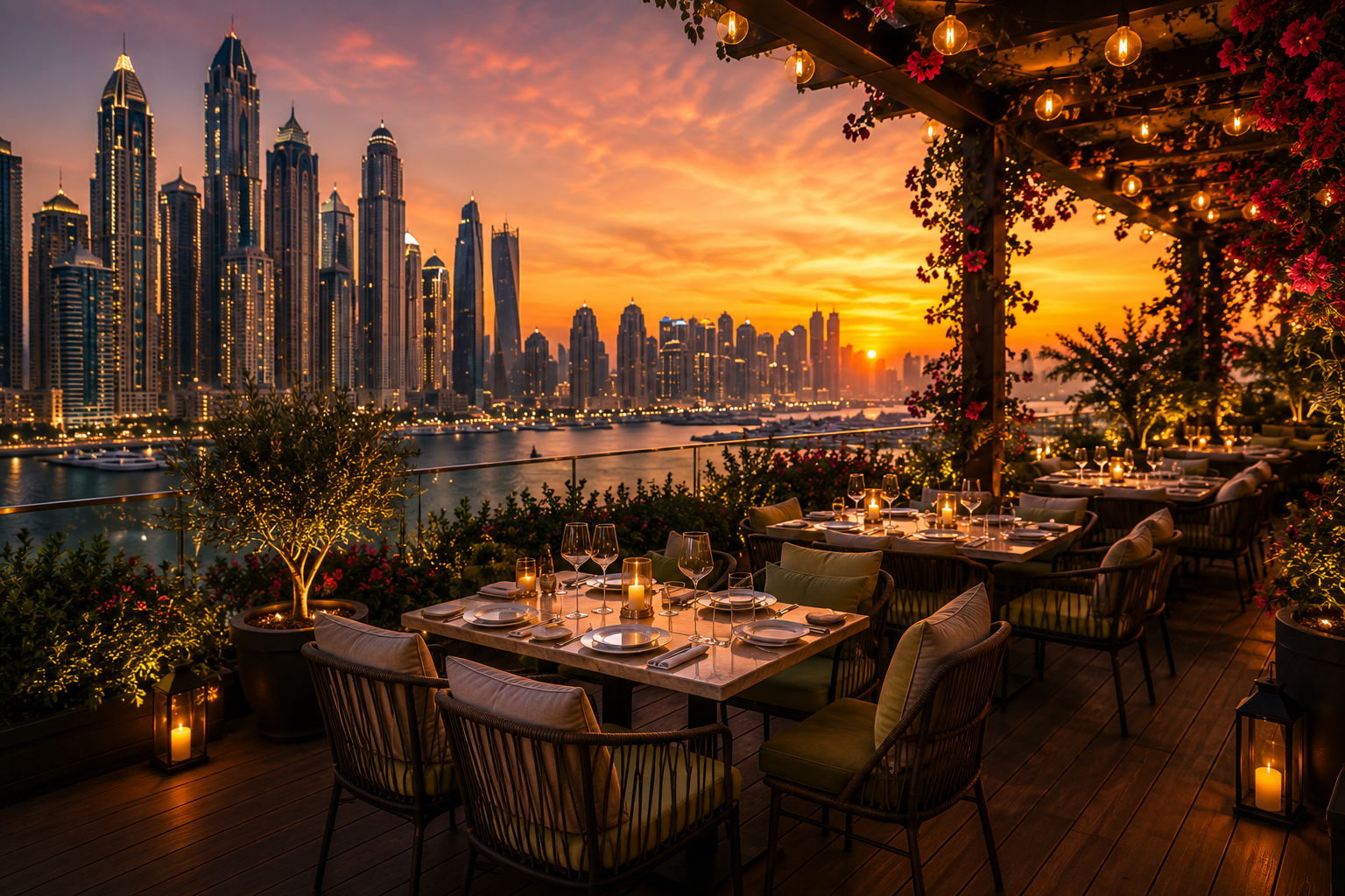 Outdoor terrace seating overlooking the Dubai skyline at sunset