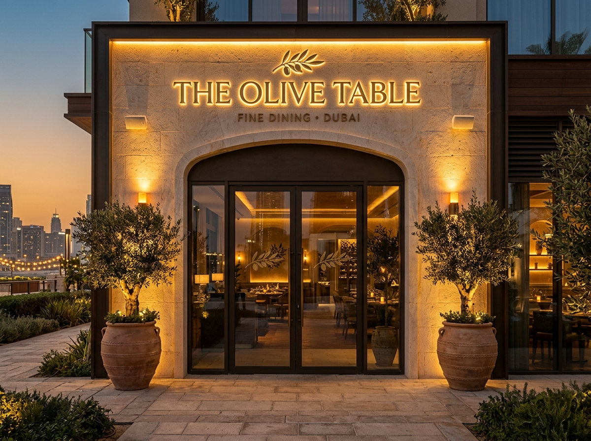Restaurant entrance with brass signage and olive branch motifs