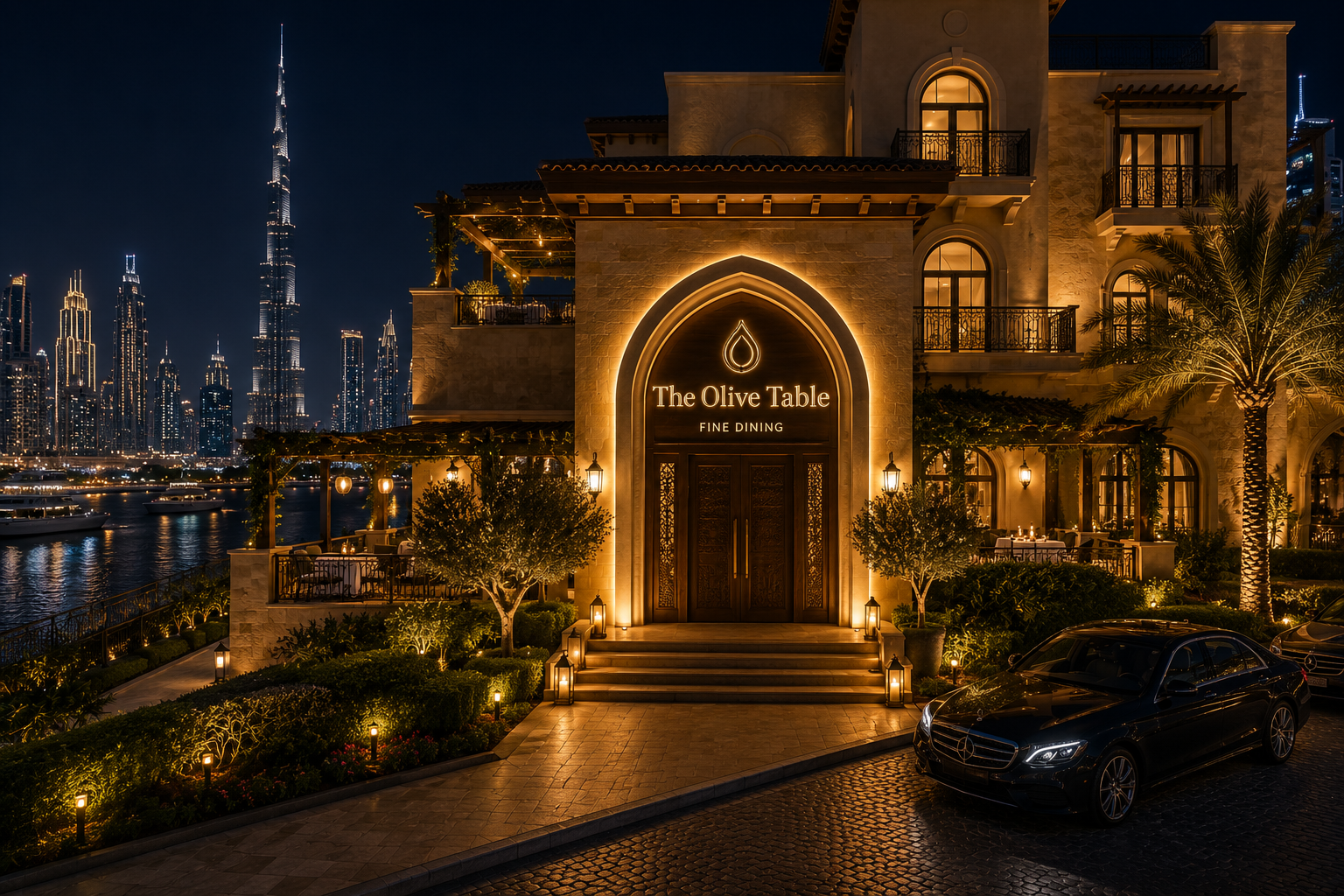 The Olive Table restaurant exterior illuminated at night, with warm lighting along the entrance facade in Dubai