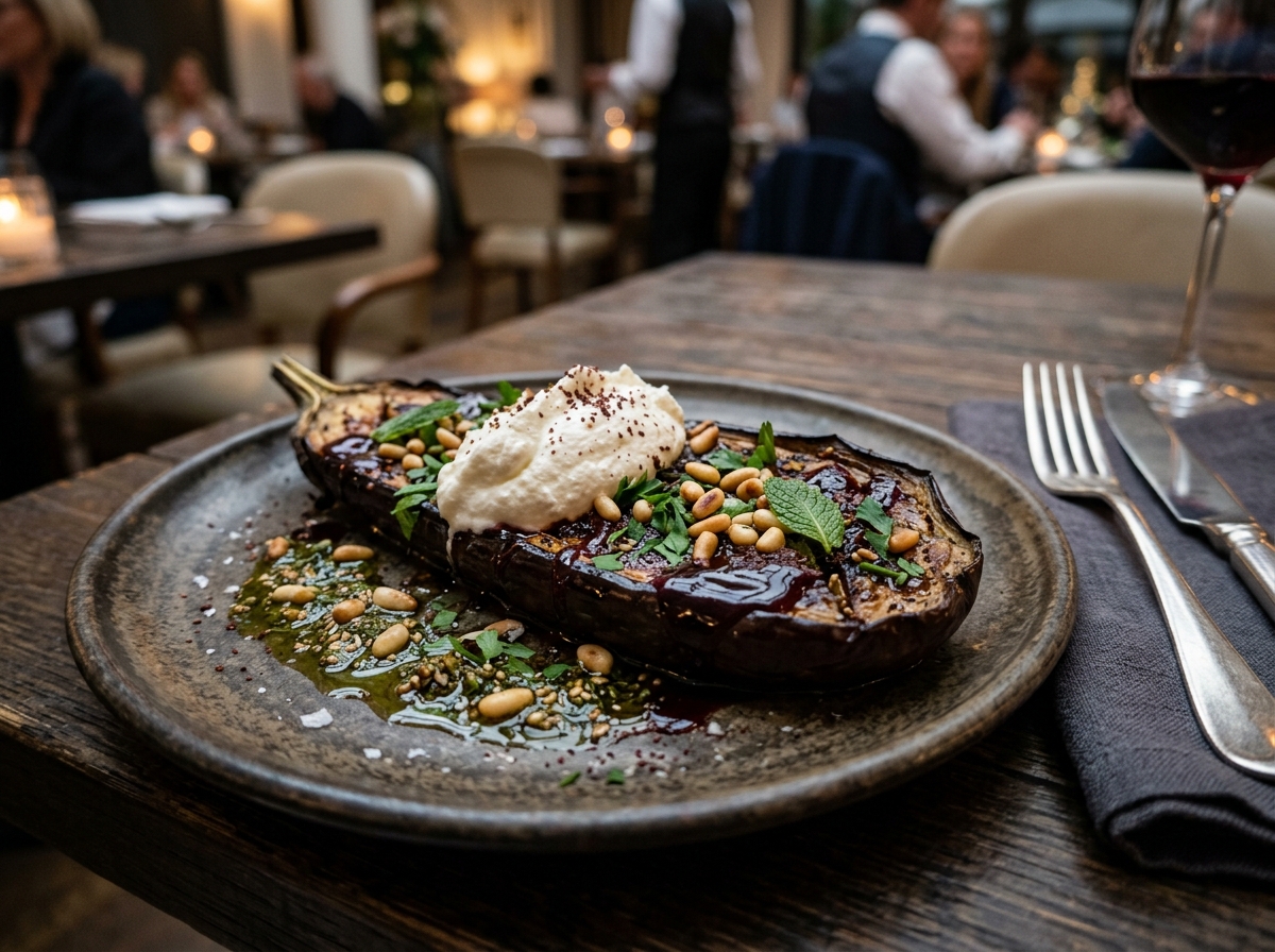 Slow-roasted aubergine with pomegranate molasses, labneh, and za'atar oil