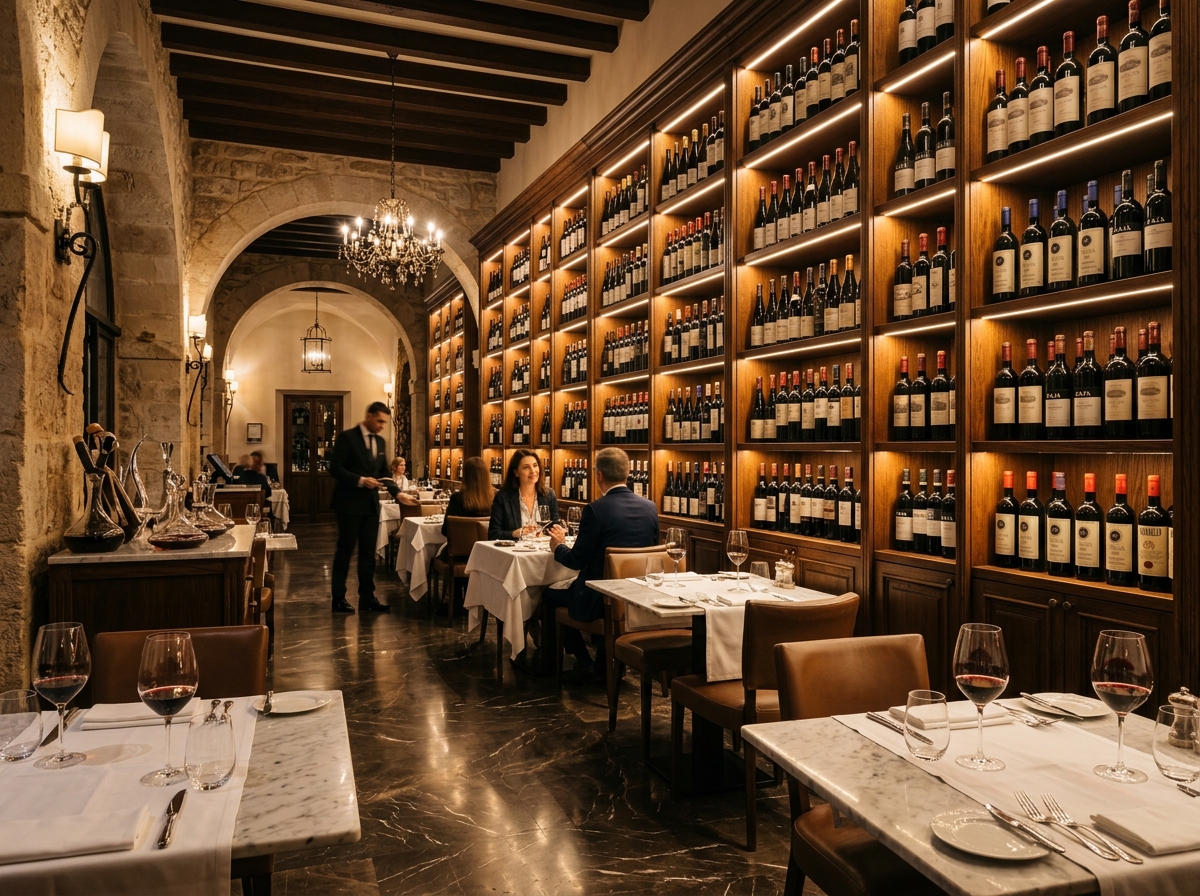 Curated wine cellar with rows of fine vintages under warm ambient lighting
