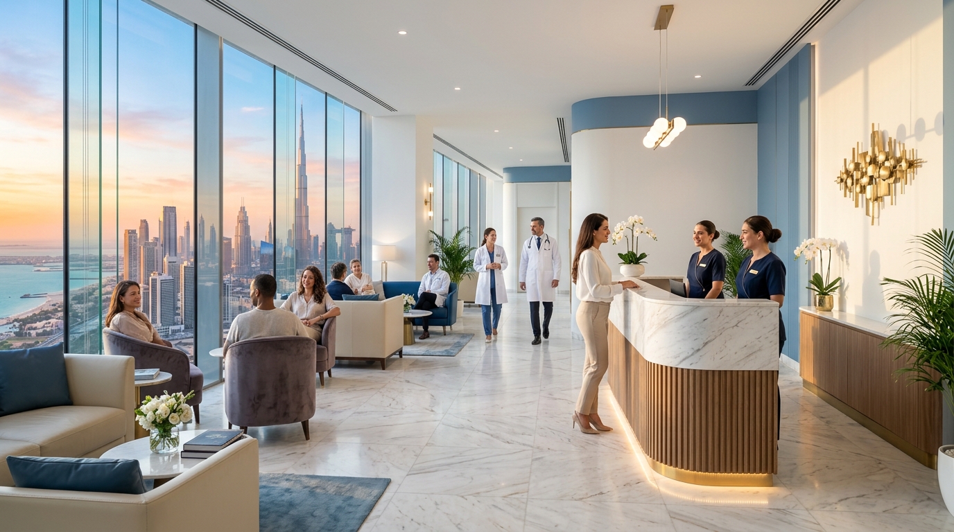 Elegant EliteCare clinic reception with warm lighting and a welcoming front desk