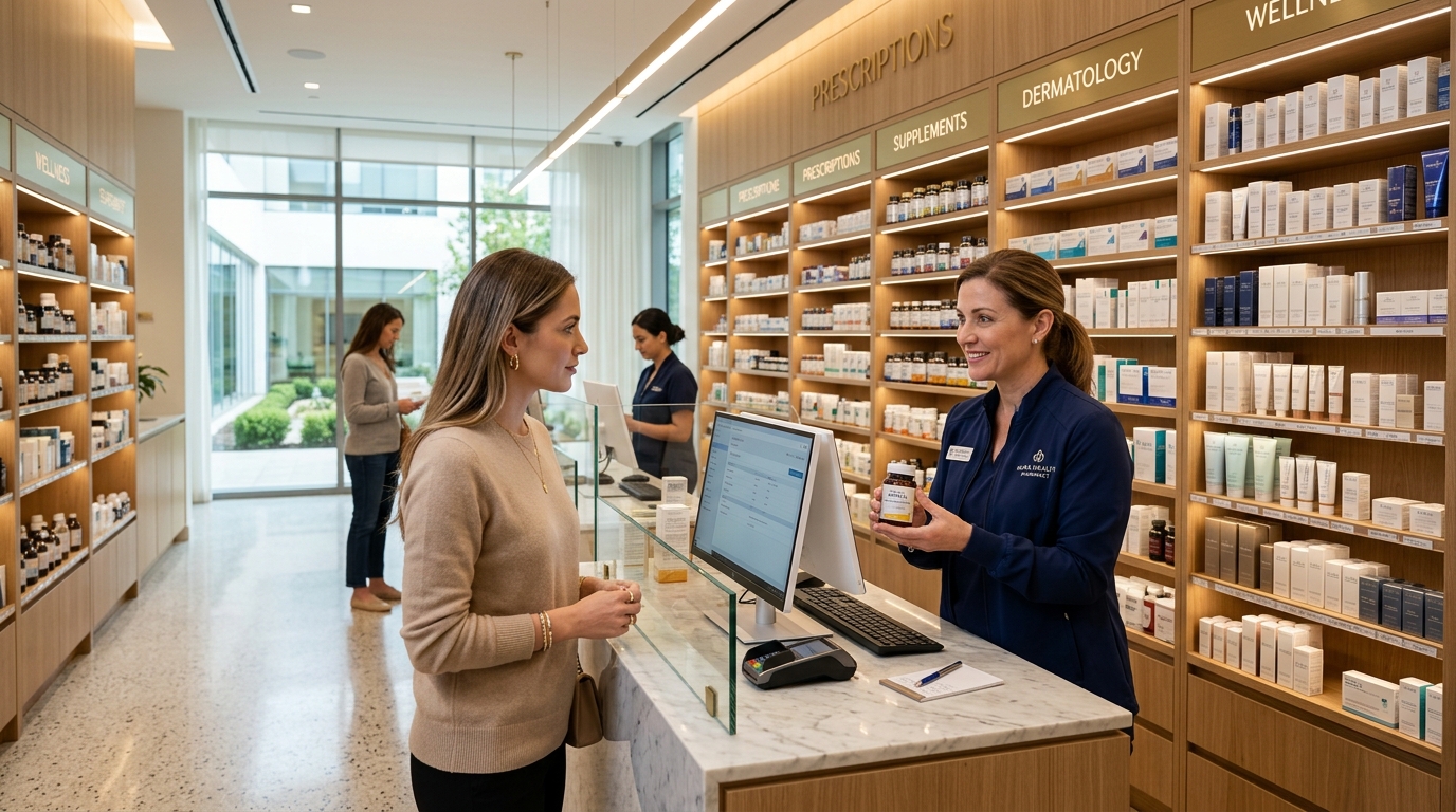 In-house pharmacy with neatly stocked shelves
