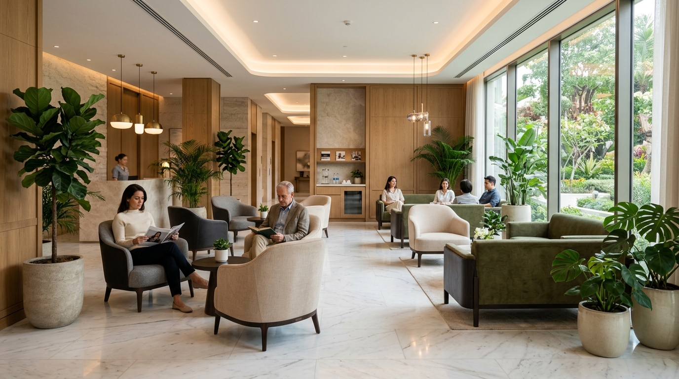 Calm, modern patient waiting area with soft seating and natural light